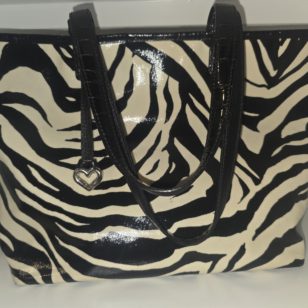 Brighton Zebra Print Patent Leather Tote Bag Black & Cream Shoulder Bag